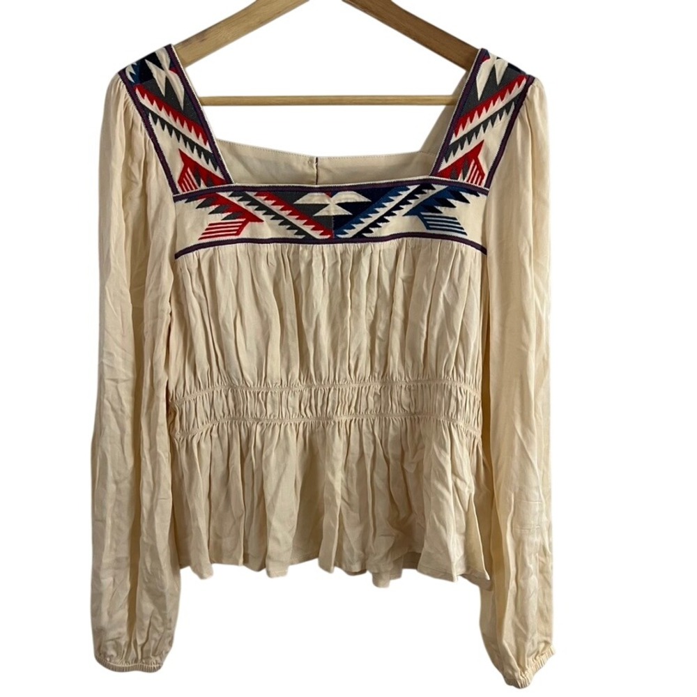 Ariat Blouse Women Medium Cream Chimayo Centinela Embroidered Square Neck Peplum
